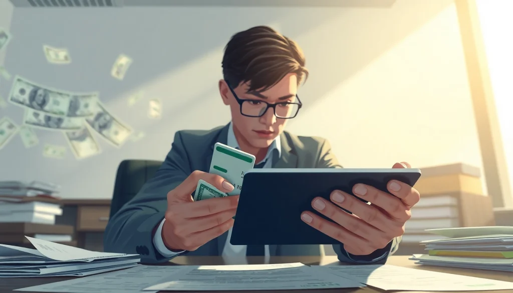 카드깡으로 현금을 만드는 상황을 보여주는 스토리텔링 일러스트.