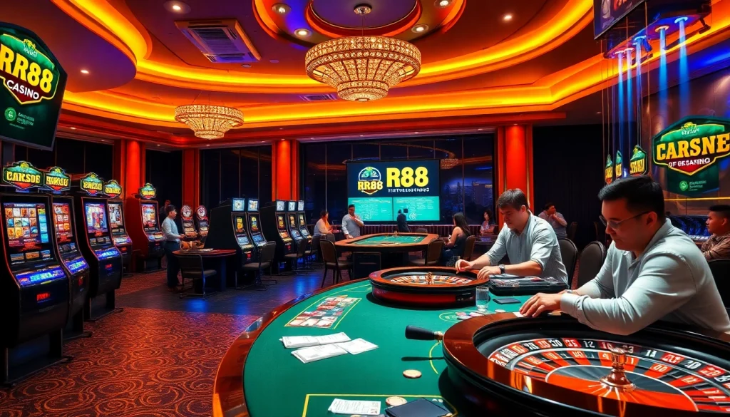 Experience RR88's exciting gaming atmosphere with vibrant casino elements and thrilling action.
