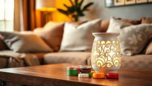 Experience the best of https://www.scentswarmers.com with a cozy wax warmer setup in a serene living room.