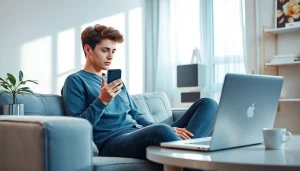 ウープス 口コミの快適なオンライン相談シーン。スマートフォンを使って髪の治療に取り組んでいる若年層の様子を描写。