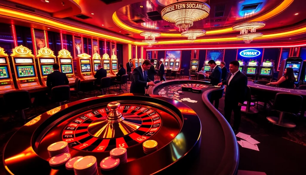 Experience the thrill of vmax with exciting roulette and poker tables in an upscale online casino setting.