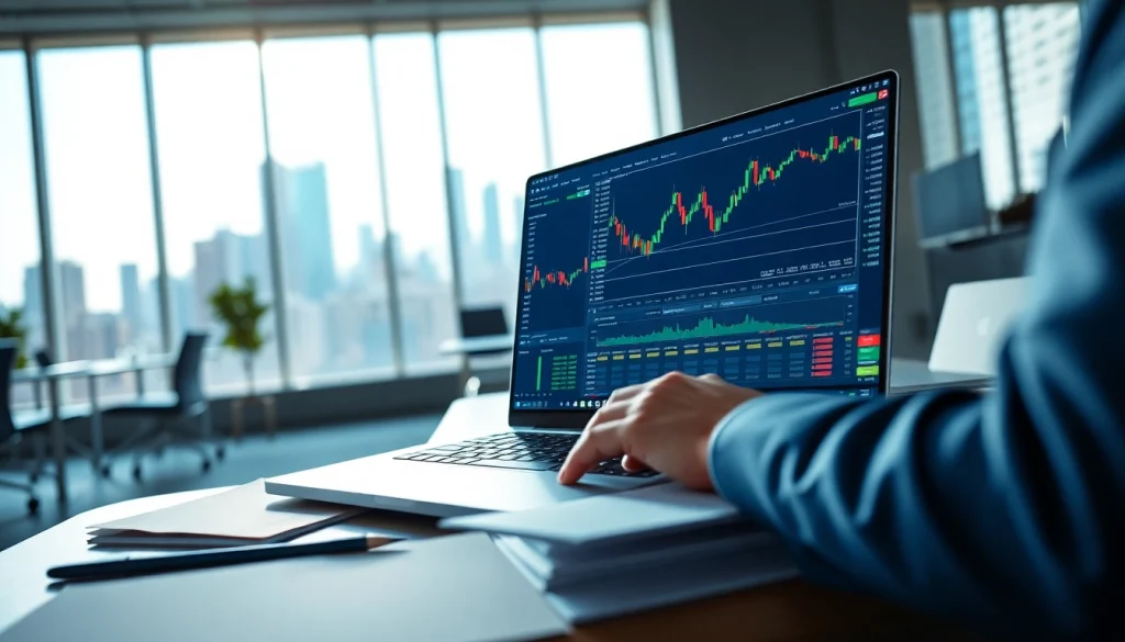 Trader analyzing charts on hotforex mt4 in a vibrant office setting