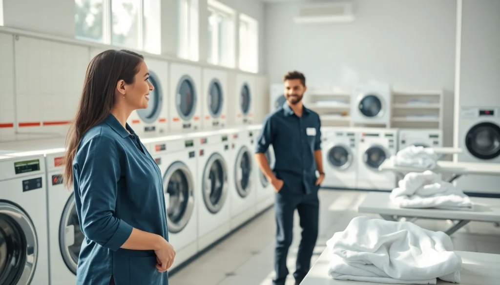 Laundry service near me offered in a clean and inviting laundromat, showcasing friendly staff.