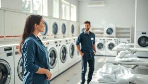 Laundry service near me offered in a clean and inviting laundromat, showcasing friendly staff.
