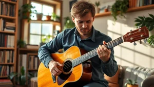 Enhance your skills with https://guitarlessons.co.uk as a dedicated guitarist plays with passion in a cozy setting.