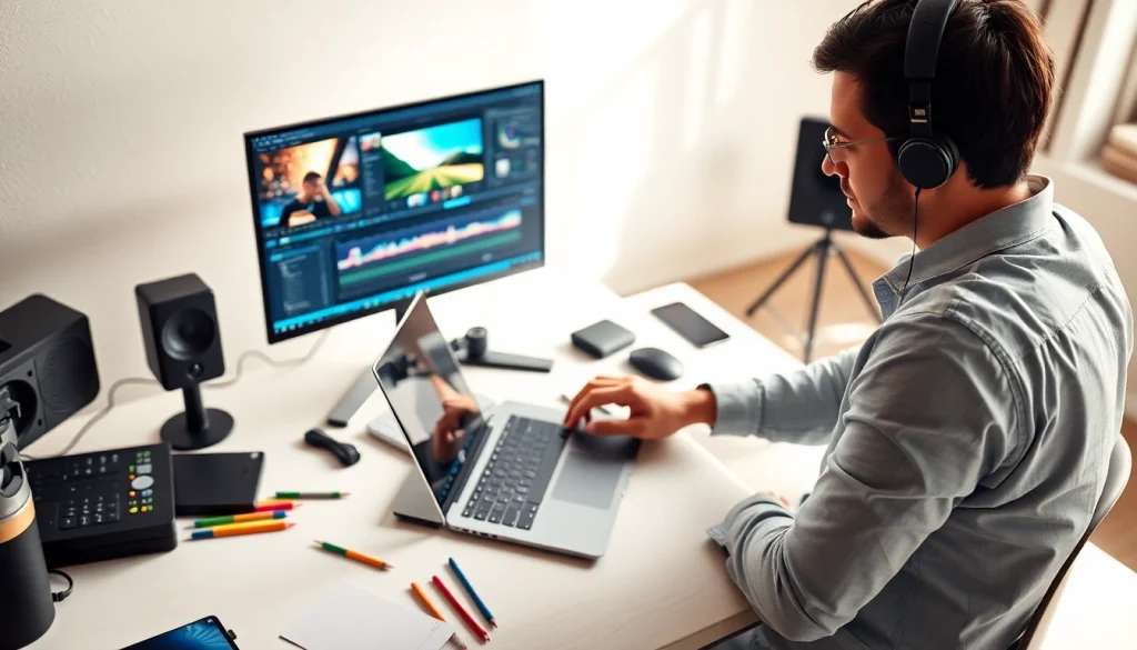 Professional video editors intensely editing video content in a modern studio setup.