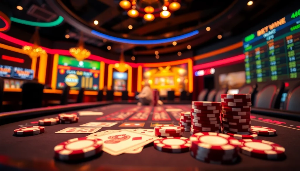 Trải nghiệm trò chơi kịch tính tại casino trực tuyến sống động của Betvip với các bàn chơi hấp dẫn và những chiếc chip đầy màu sắc.