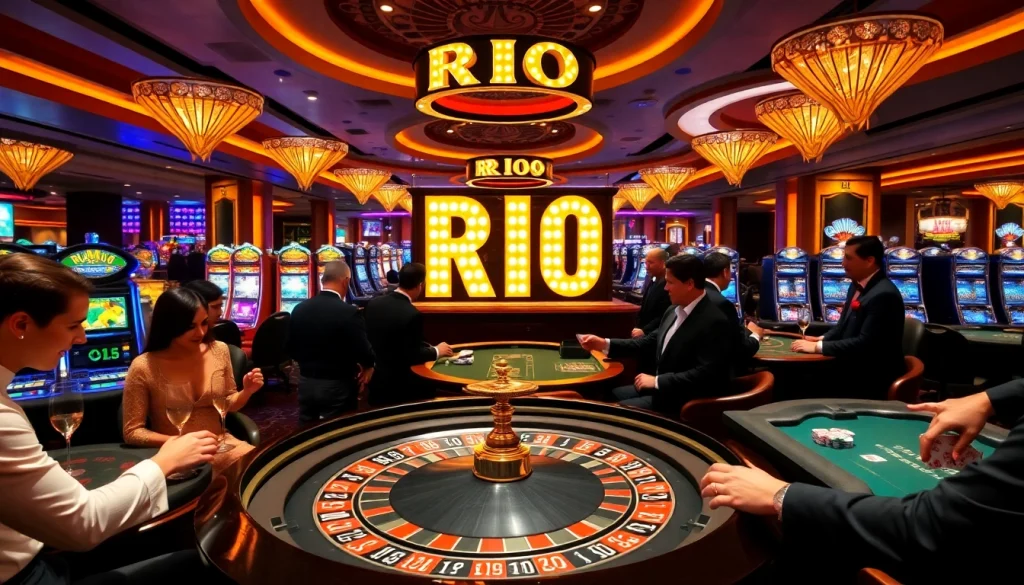 Exciting gambling scene at RIO casino with roulette and players in vibrant casino.