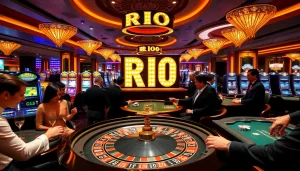 Exciting gambling scene at RIO casino with roulette and players in vibrant casino.