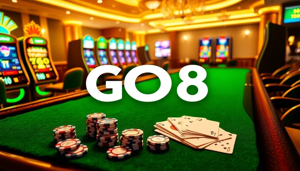 Experience thrilling gameplay at GO8 with a luxurious casino table featuring vibrant poker chips.