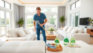 Experience Villa Deep Cleaning Services Dubai in a bright, spotless living room with a professional cleaner.