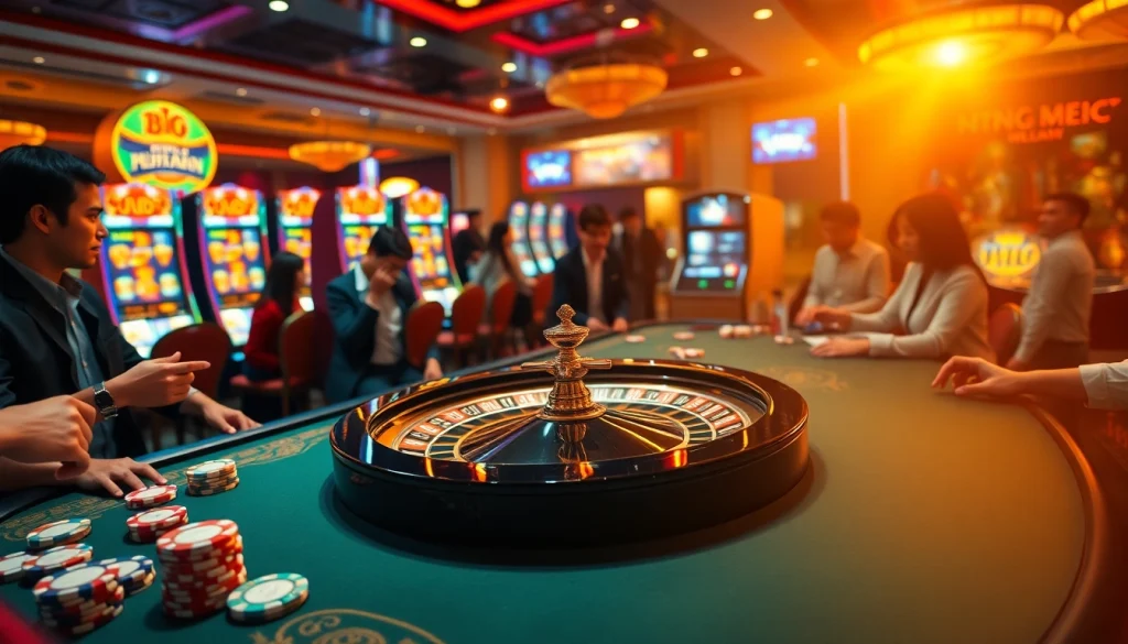 Experience the excitement of jbo vietnam with vibrant casino visuals showcasing gaming tables and slot machines.