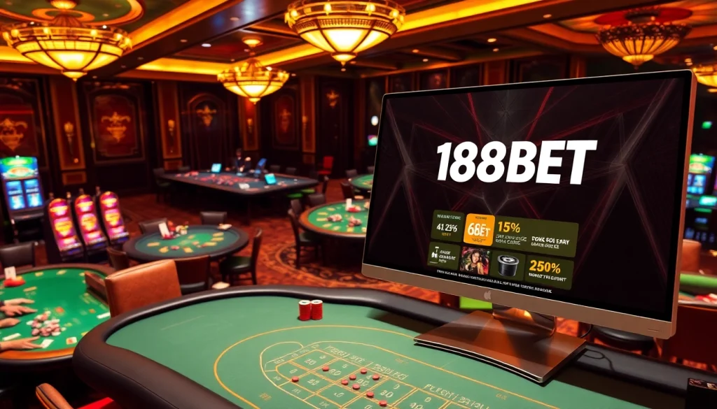 The homepage of 188bet showcases an exciting casino atmosphere with vibrant gaming tables and engaging action.