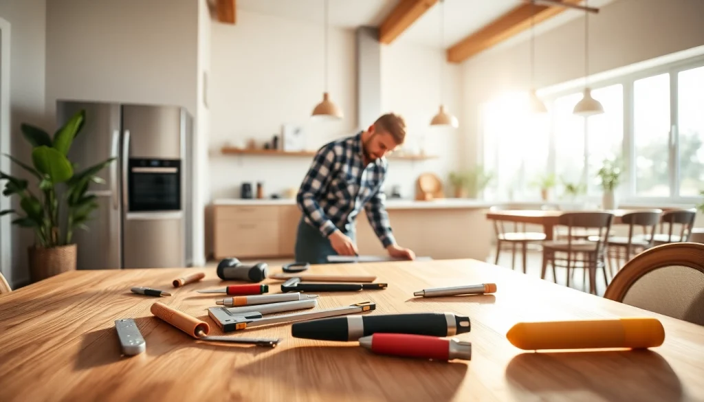 Home renovation expert remodeling a kitchen with modern tools and natural light.