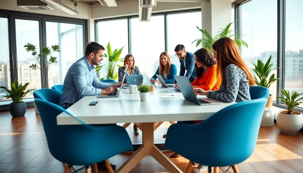 Agency team collaborating in a modern office space, showcasing teamwork and innovation.
