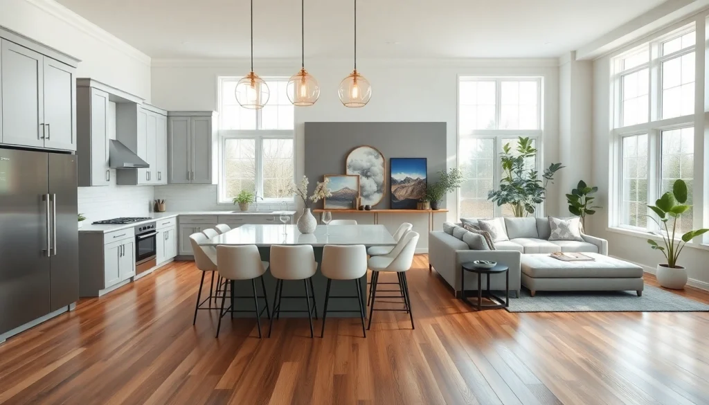Beautiful home renovation showcasing a modern kitchen and living area design with elegant finishes.