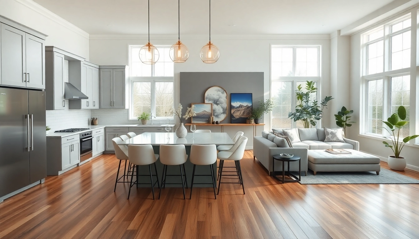 Beautiful home renovation showcasing a modern kitchen and living area design with elegant finishes.