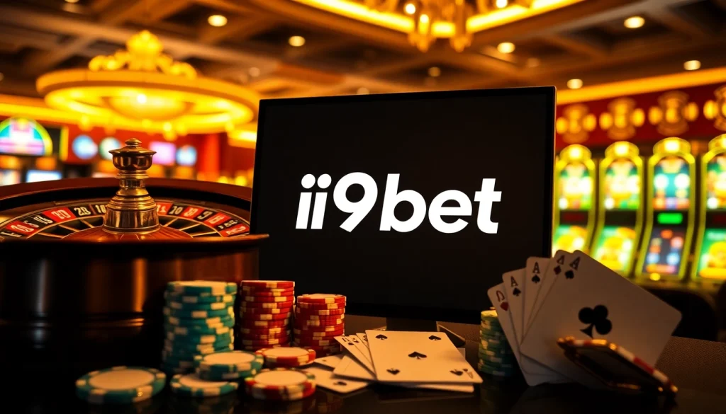 Experience the thrill of i9bet with poker chips and a vibrant digital casino backdrop.