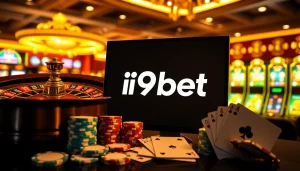Experience the thrill of i9bet with poker chips and a vibrant digital casino backdrop.