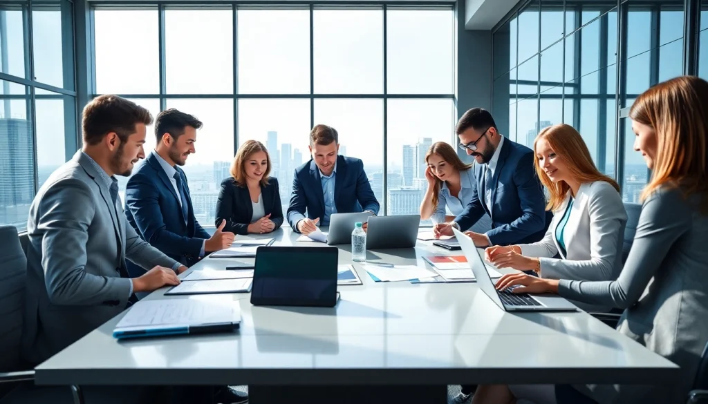 Engaged professionals discussing business strategies in a modern office environment.