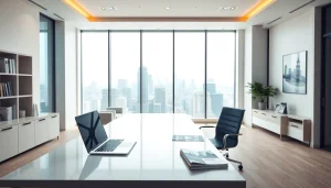 Showcasing real estate office with modern design and city backdrop to represent professionalism.