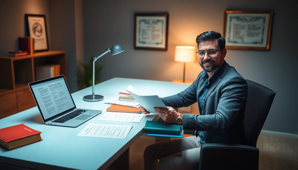 Professional translator focused on traducción jurada at a modern desk with legal documents.