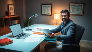 Professional translator focused on traducción jurada at a modern desk with legal documents.