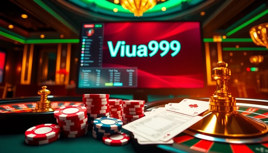 Vua99 interface alongside poker chips and roulette wheel, illuminating the thrill of online gambling.
