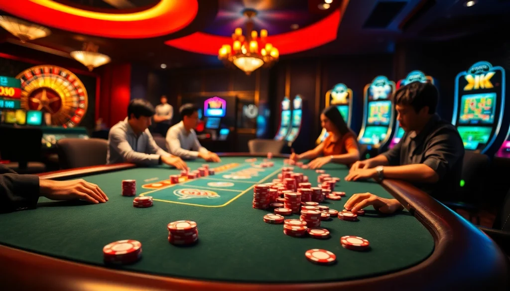 An engaging casino scene depicting players at a poker table, encapsulating the excitement of nhà cái Jun88.