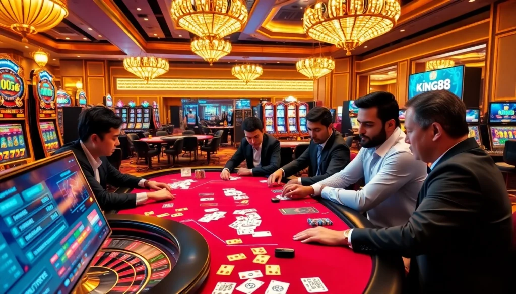 King88 celebrates the thrill of gambling with a bustling casino scene featuring poker tables and vibrant slot machines.