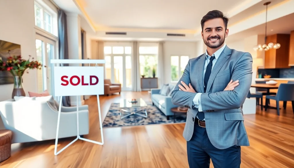 Real Estate agent presenting a stylish home interior with warm lighting and inviting ambiance.