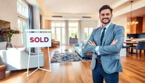 Real Estate agent presenting a stylish home interior with warm lighting and inviting ambiance.