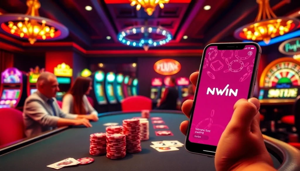 IWIN casino scene with vibrant poker game and mobile gambling interface.