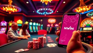 IWIN casino scene with vibrant poker game and mobile gambling interface.