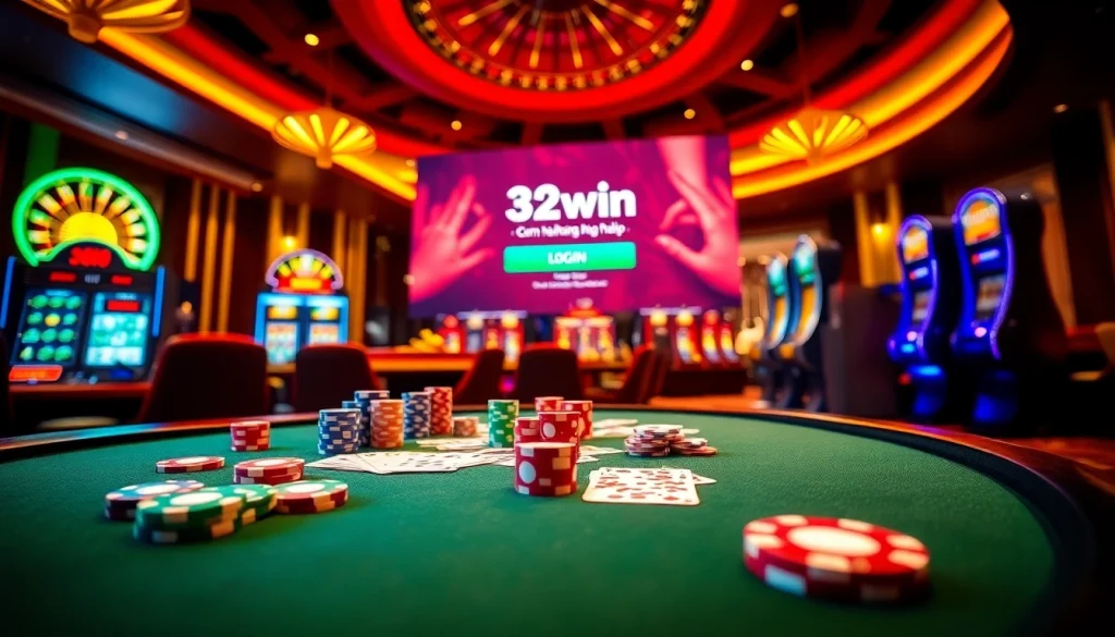 Experience the thrill of 32win com đăng nhập at a vibrant casino table with poker chips and cards.