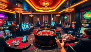 Experience the thrills of 918kiss for android 4.1 2 with a vibrant casino scene showcasing excitement and luxury gaming.