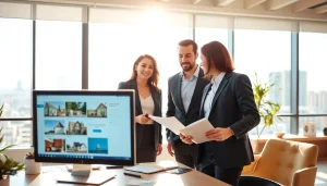 Engaging real estate consultation showcasing a professional agent with clients discussing listings.