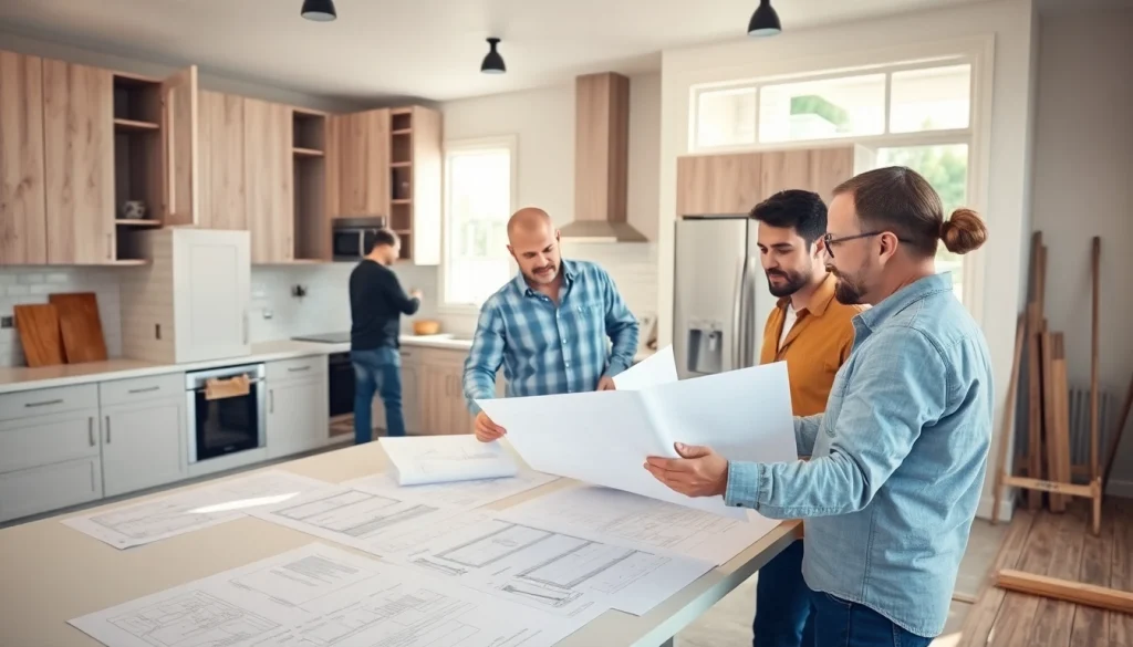 Home renovation professionals collaborating on project plans in a bright workspace.