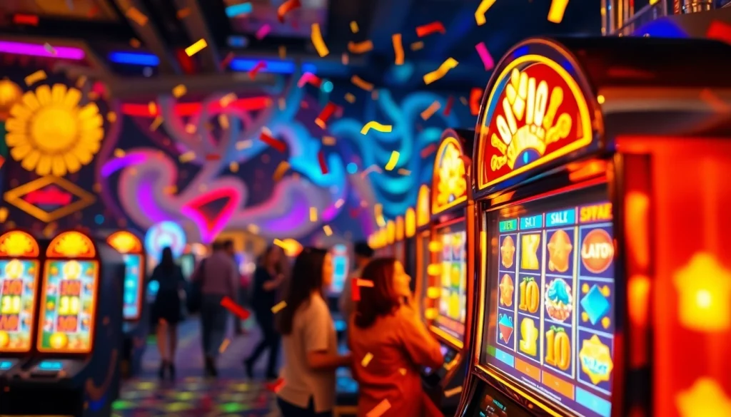 เล่นสล็อตออนไลน์ ที่เครื่องสล็อตที่มีสีสันและบรรยากาศแห่งความสนุกสนาน