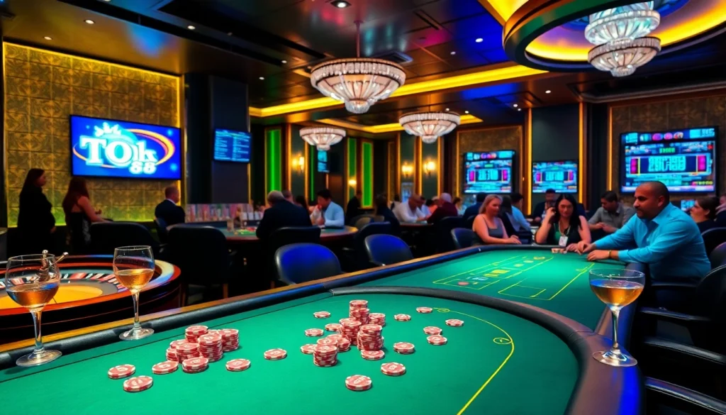 Trải nghiệm lối chơi đầy kịch tính với tik 88 tại bàn casino sang trọng, nổi bật với những viên chip poker sặc sỡ và màn hình kỹ thuật số.