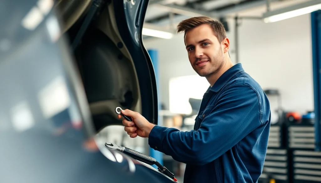 Find a reliable mechanic near me working professionally on a car in a bright garage.
