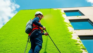 Nizkotlačno čiščenje fasade in action, showcasing the removal of algae from a building.