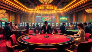 Players enjoying games at Nhà cái MM88 casino with vibrant atmosphere and luxurious design.