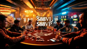 Players strategizing in a lively S88VIP poker game, surrounded by chips and cards in a luxurious casino.