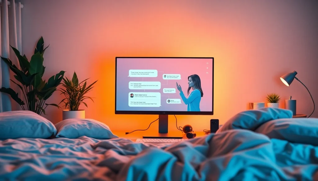 Engaging chat interface depicting free ai sex chat with a digital character in a cozy bedroom.