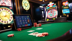 Experience premium online gambling with EV88's luxurious casino setup featuring poker and roulette.
