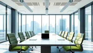 Showcasing industrial leasing workspace with modern design elements and urban skyline.