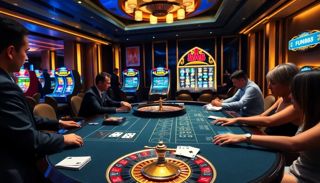 Fun88 gaming table with excited players engaged in high-stakes blackjack action.