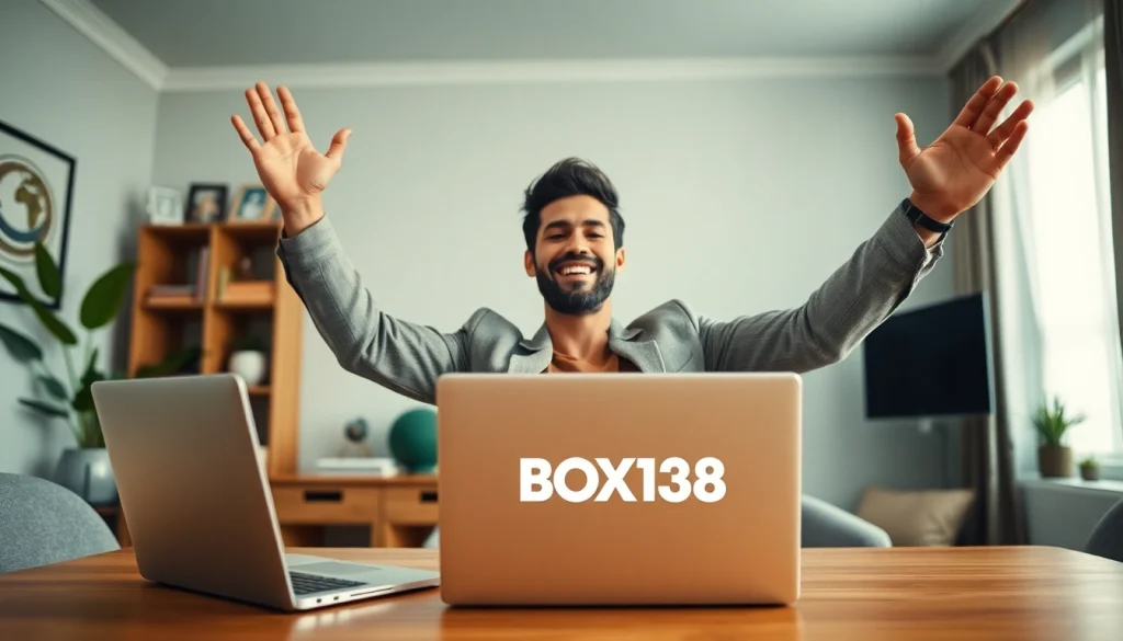 Celebrating a successful withdrawal of Rp 2.424.000,00 with BOX138 in a modern home office.