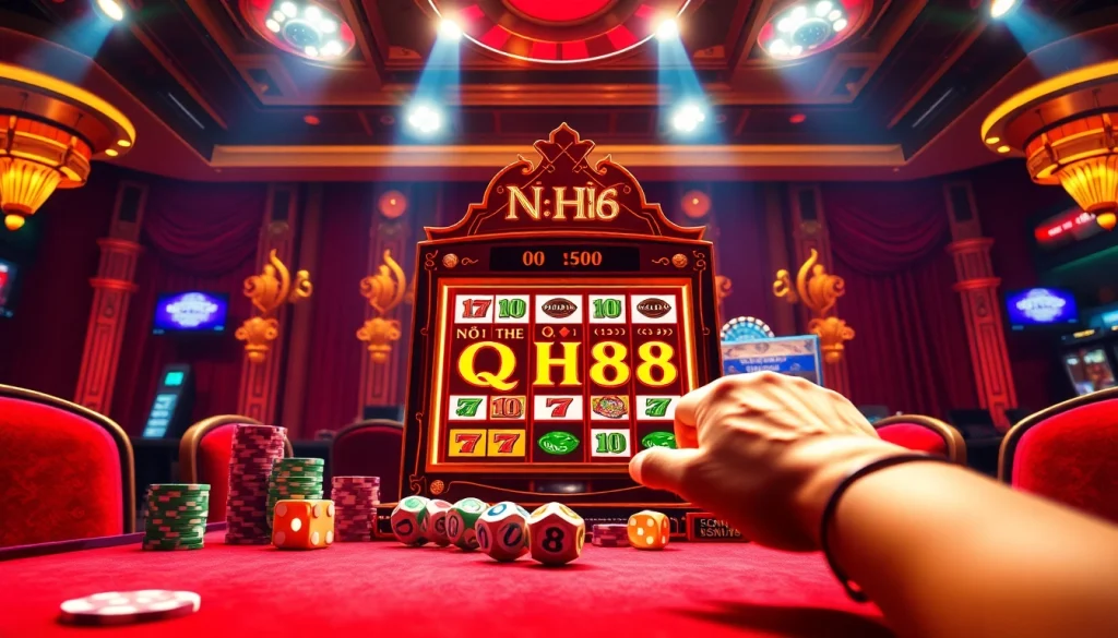 Nổ Hũ QH88 evokes excitement with a vibrant slot machine and colorful gaming elements.